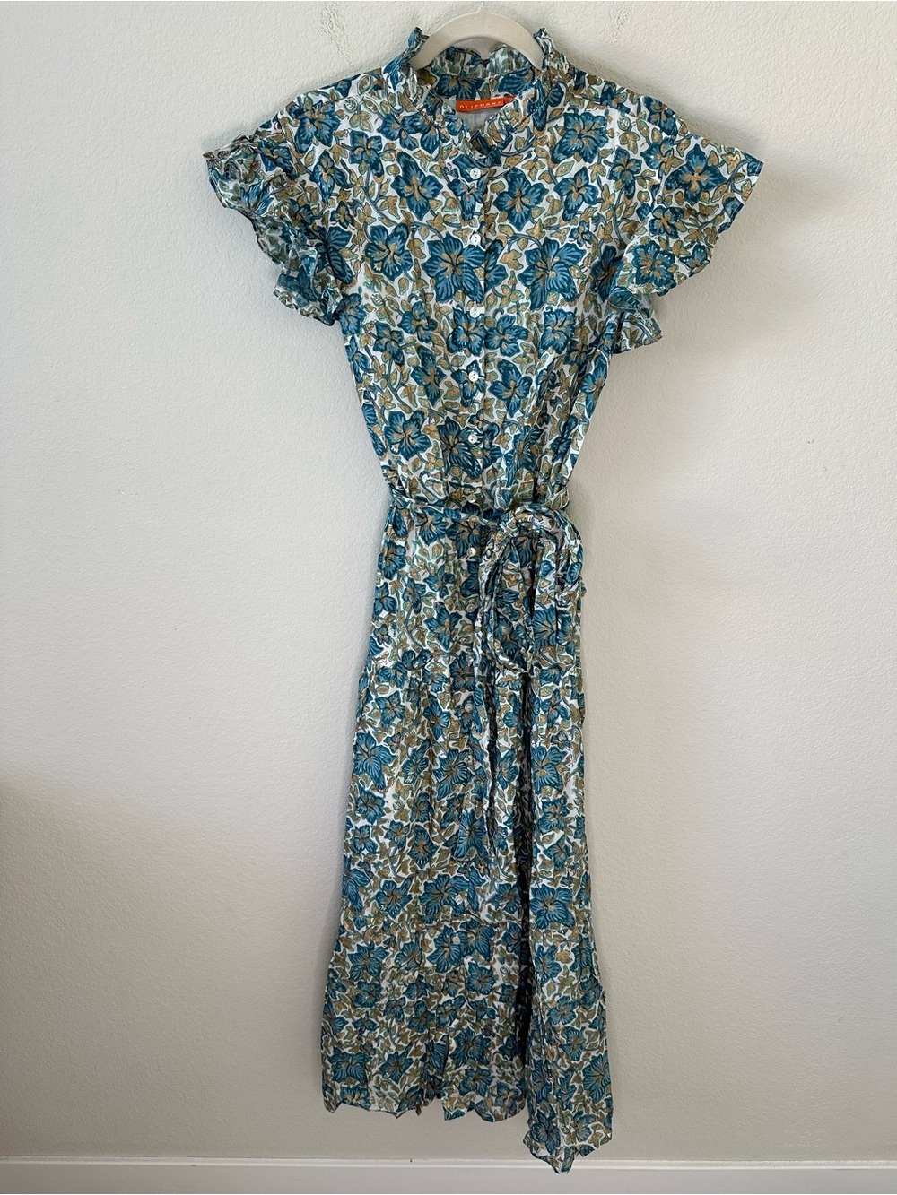 OLIPHANT RUFFLE COLLAR BUTTON MAXI FLORAL DRESS IVY BLUE/GOLD SZ XL - Picture 2 of 8